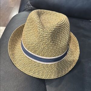 Stylish Tan Fedora Hat with Blue Band. Size M/L 8 X 6.5(measured inside)